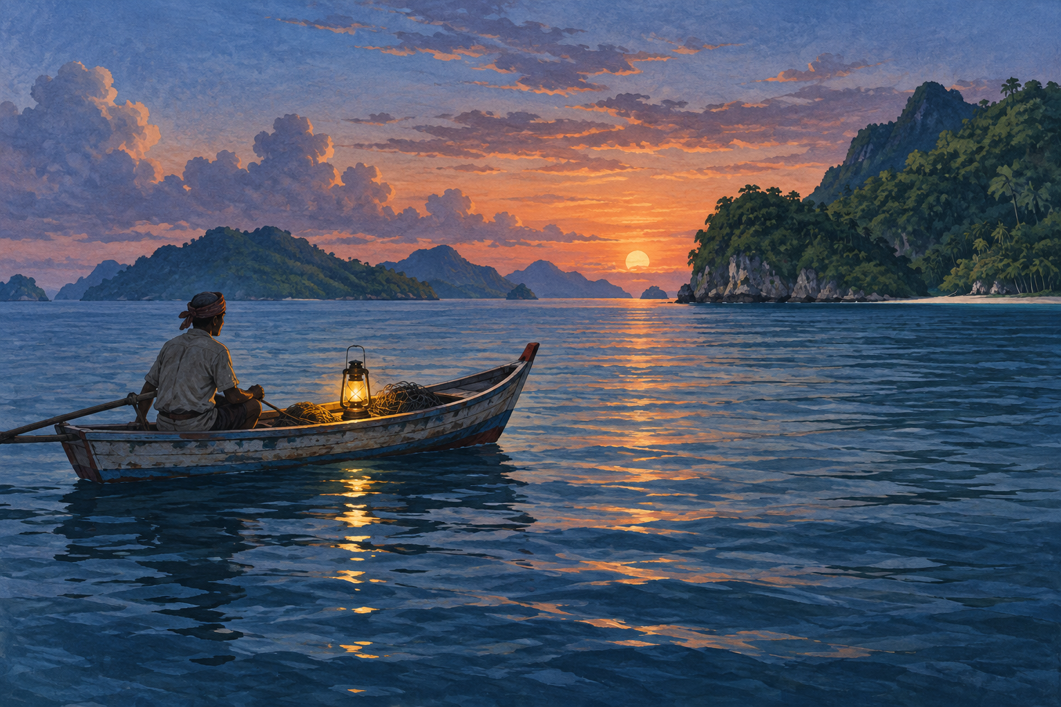 Gouache illustration of a lantern glowing in a wooden boat among islands at dusk.