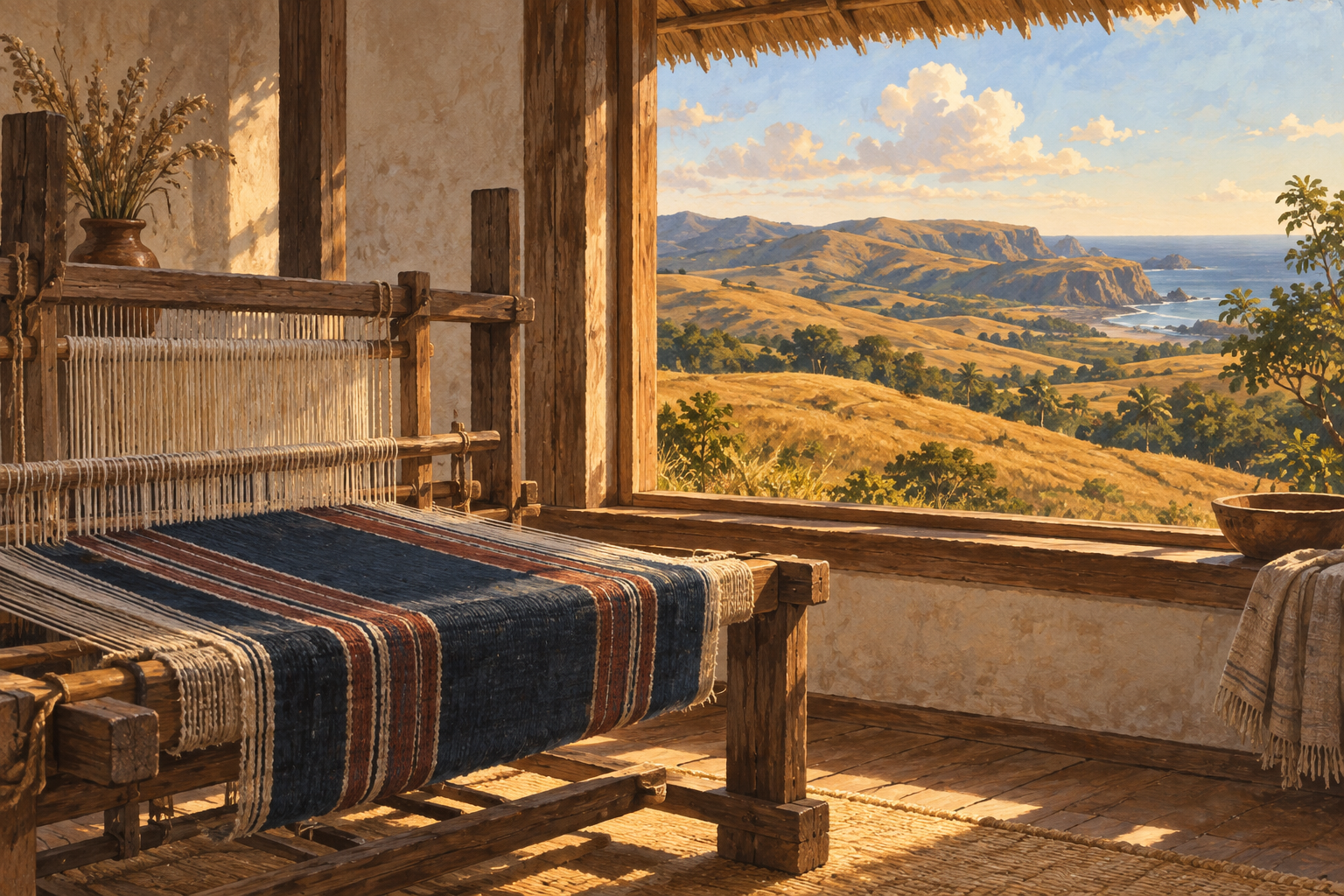 Gouache illustration of a wooden loom and woven cloth overlooking golden hills.